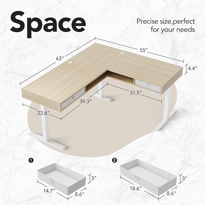 HUANUO Electric L Shaped Standing Desk, 63″ Height Adjustable Corner Standing Desk with 2 Under Desk Drawers & Open Storage Sapce, Stand Up Table with Power Strip Tray & Cable Grommets, Light Walnut