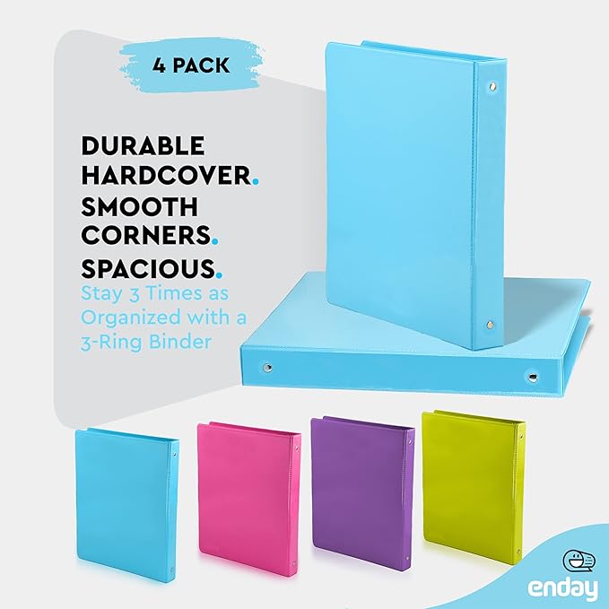 1 Inch 3 Ring Binder 1” Binder Clear View Cover with 2 Inside Pockets, Colored School Supplies Office and Home Binders Assorted Colors May Vary (4 Pack) – by Enday