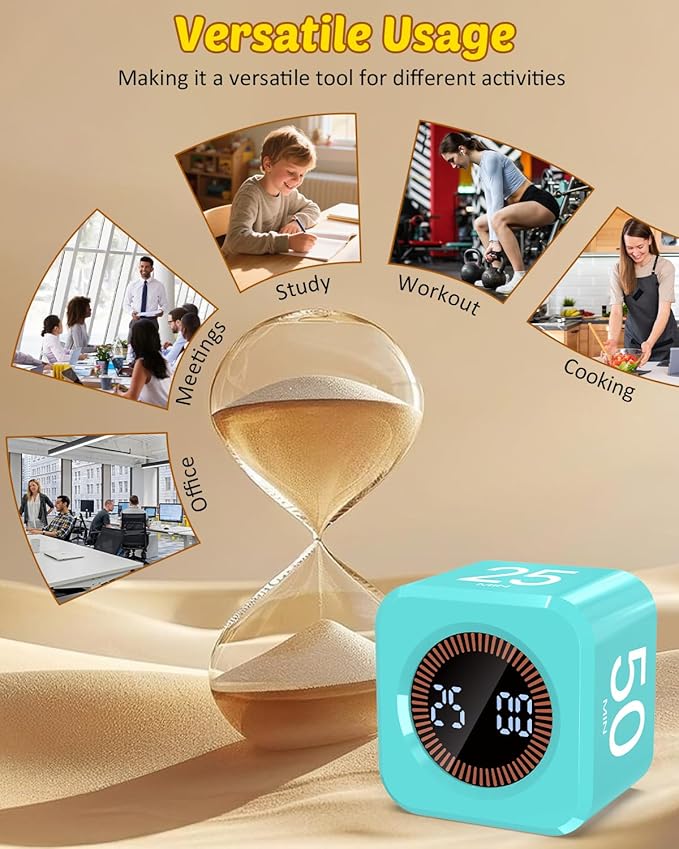 Digital Pomodoro Timer Cube 5/10/25/50min, Visual Productivity Flip Timer for Kids Classroom Desk, Custom Countdown, Silent and Sound Mode for ADHD Study Work Game Kitchen (Mint Green)