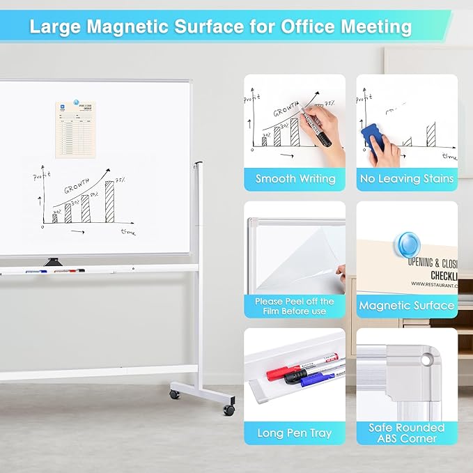 maxtek Rolling Whiteboard 72x40, Large Double-Sided White Board Dry Erase on Wheels, Giant Magnetic White Board Standing for Office, School, Home Office, Homeschool (Sliver)