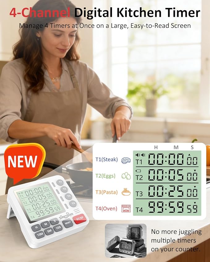 Digital Kitchen Timer for Cooking - 4 Channel Count Up Countdown Timer with Loud Alarm and Silent Mode, Large Display, Magnetic Back, Auto Memory for Classroom Study Gym, Battery Included (White&Grey)