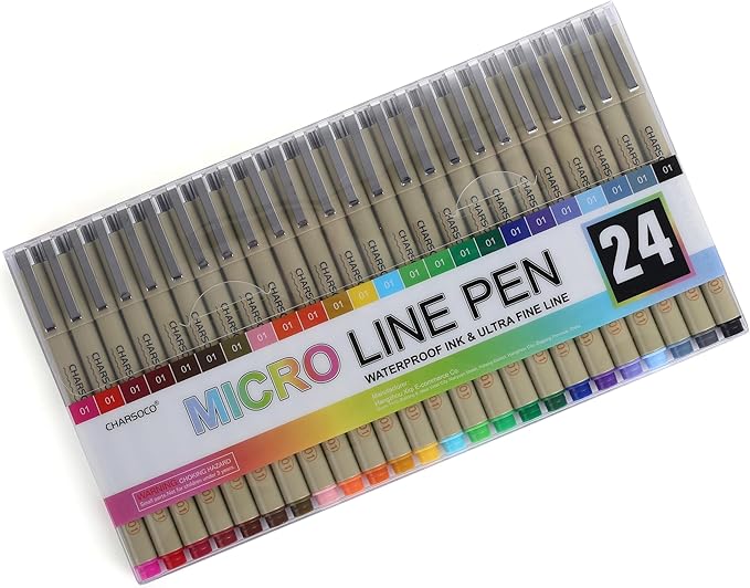 CHARSOCO 01 Micro Pen, Waterproof Archival Ink, 0.25mm Fineliner Ink Pens for Artist Illustration, Sketching, Anime, Manga, Technical Drawing and Scrapbooking, Fine Point Pen with 24 Colors