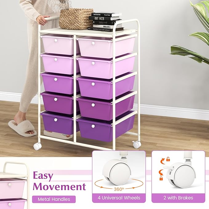 GOFLAME 10-Drawer Rolling Storage Cart, Art Craft Storage Organizer on Wheels, Multipurpose Movable Utility Cart for School, Office and Home, Purple Gradient