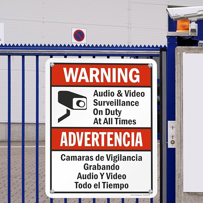 SmartSign 30 x 24 inch “Warning - Audio & Video Surveillance On Duty At All Times” Bilingual Sign, 80 mil Laminated Rustproof Aluminum, Red, Black and White, Made in USA