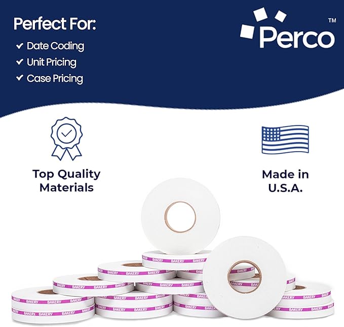 Perco Purple Reverse Print on White Bakery Labels to fit Monarch 1110 Price Gun - 16 Rolls, 17,000 Labels with Ink Roll Included