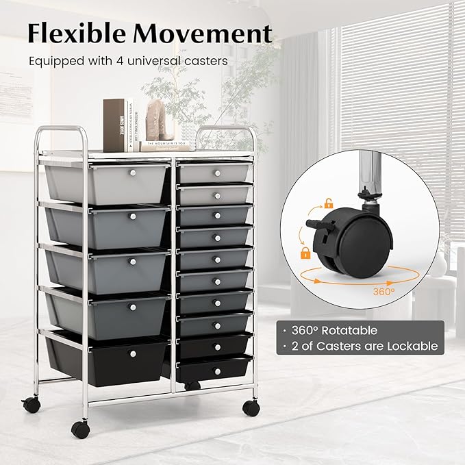 DORTALA 15-Drawer Rolling Storage Cart with Drawers, Rolling Utility Cart w/Removable Drawers & Universal Wheels, Tools Scrapbook Paper Organizer for School, Office, Home, Classroom (Gradient Black)