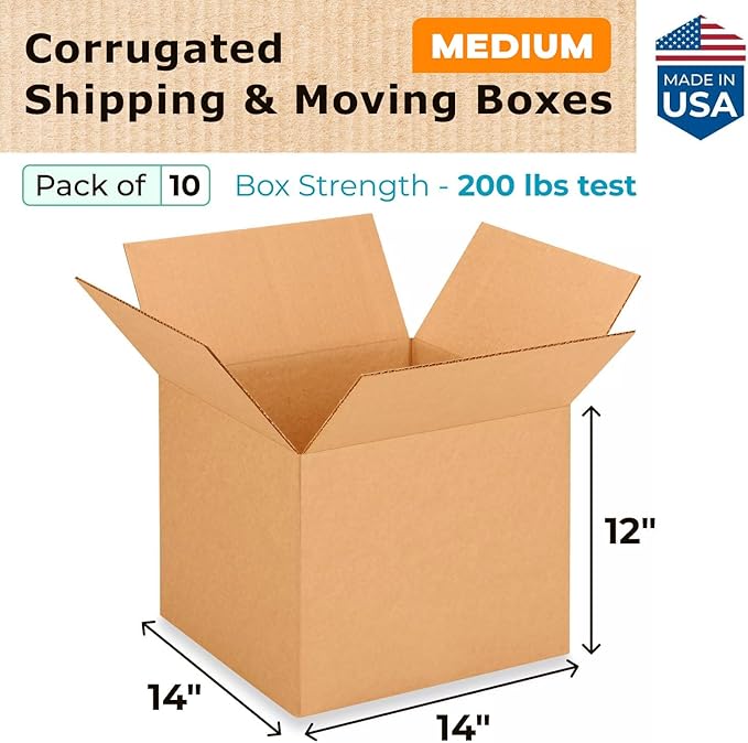 Medium Moving & Shipping Boxes 14x14x12 inches (10-Pack) - Extra Strength 200 lb vs Regular - Corrugated Cardboard Box, Made in USA - Medium Packing Box - Moving Supplies Box by IDL Packaging