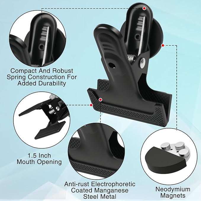joaoxoko 3 Pack Heavy Duty Magnetic Clips 1.5 Inch Opening with Anti-Scratch Pads,Alloy Steel Rustproof Clip Securely Grip Tools, Flags, Blueprints for Home Office, Artist Studio (Black 3pcs)