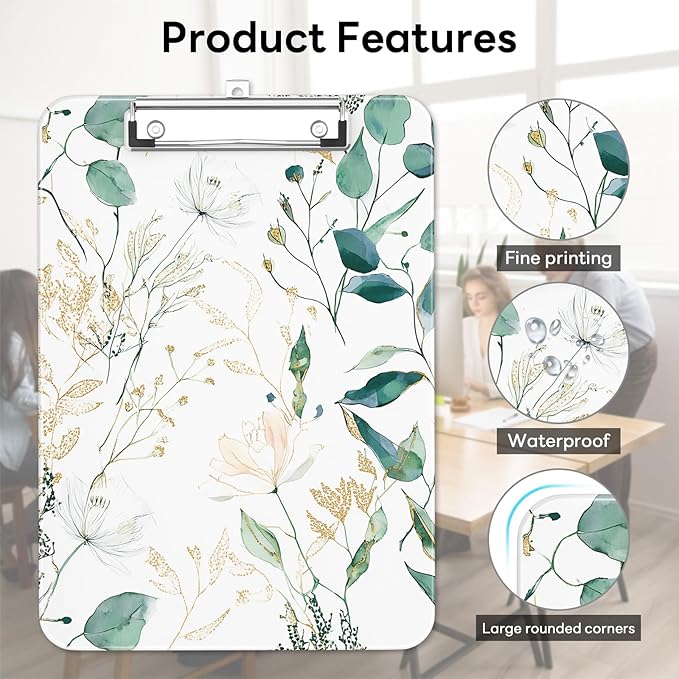 Luminzo Plastic Cute Clipboard Low-Profile Metal Clip, A4 Letter Size 9 x 12.5 in, 8.5 x 11 Paper Clip Board for Teachers, Nurses, Classroom,Fresh Greenery