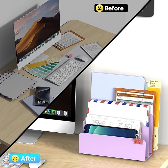 OUTIOE Mail Organizer Countertop, Small Desk File Organizer, Metal File Holder - Essential Workspace Organizers for Office Desk, Home Office (Purple)