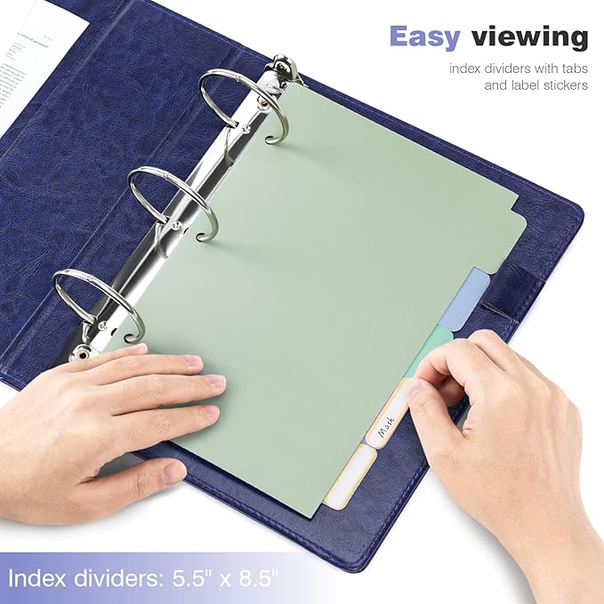 Ospelelf Leather Mini Binder Vintage Hardcover 2 Inch Rings, Professional Small 3 Ring Binders Organizer Suitable for 5.5" x 8.5" Documents, Binder Dividers with Tabs, Dark Blue