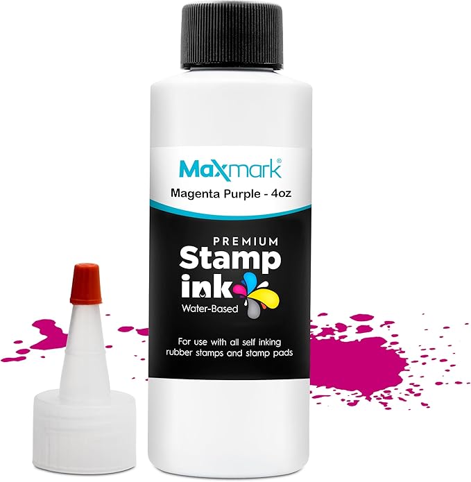 MaxMark Premium Refill Ink with Control Tip Bottle for Self-Inking Stamps, Magenta Purple Color - 4 oz.