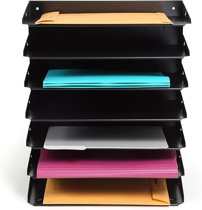 Huron Desktop Horizontal 7-Slot Legal File Binder Organizer Storage Letter Tray, Black Commercial Grade Steel