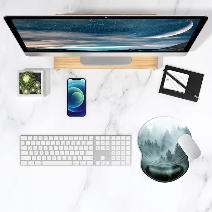 ITNRSIIET Ergonomic Mouse Pad with Gel Wrist Support Small Wrist Rest Smooth Surface Non-Slip PU Base Comfortable Office Supplies Pain Relief, 8.7 x 7.2 inches, Fog Forest