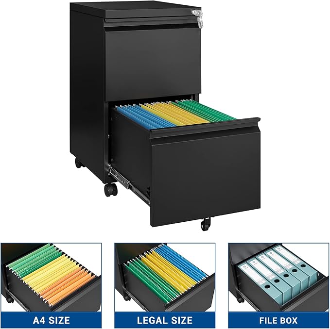 Fesbos 2 Drawer Vertical File Cabinet - Mobile Filling Cabinet with Lock for Legal/Letter Files - Office Storage File Cabinet with Wheels Under Desk - Assembly Required