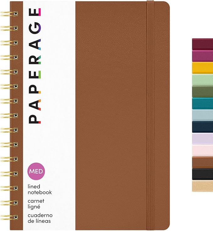 PAPERAGE Lined Spiral Journal Notebook, (Cognac), 160 Pages, Hardcover Journal for Women & Men, Medium 5.5 in x 8 in - 100 GSM, Thick Paper, Spiral Notebook for Work, School & Journaling