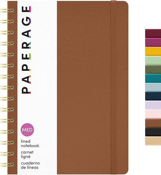 PAPERAGE Lined Spiral Journal Notebook, (Cognac), 160 Pages, Hardcover Journal for Women & Men, Medium 5.5 in x 8 in - 100 GSM, Thick Paper, Spiral Notebook for Work, School & Journaling