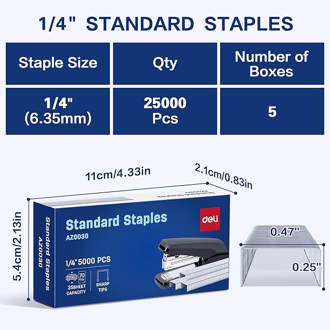 Deli Staples, 25000 Staples, Standard Staple for Desktop Staplers, 1/4'' Length, 210/Strip, 5 Boxes of 5000 Each