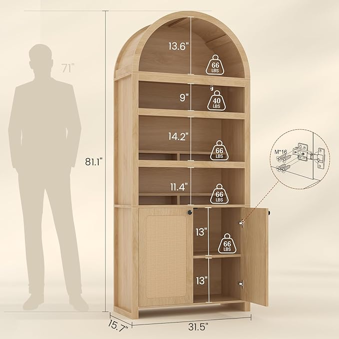 81" Tall Arched Cabinets,Bookcase with storage,Mid-Century Modern 6-Tier Bookshelf with Door,2 Book Risers and Adjustable Shelves offering more storage space for Living Room,Kitchen,Home Office,Oak