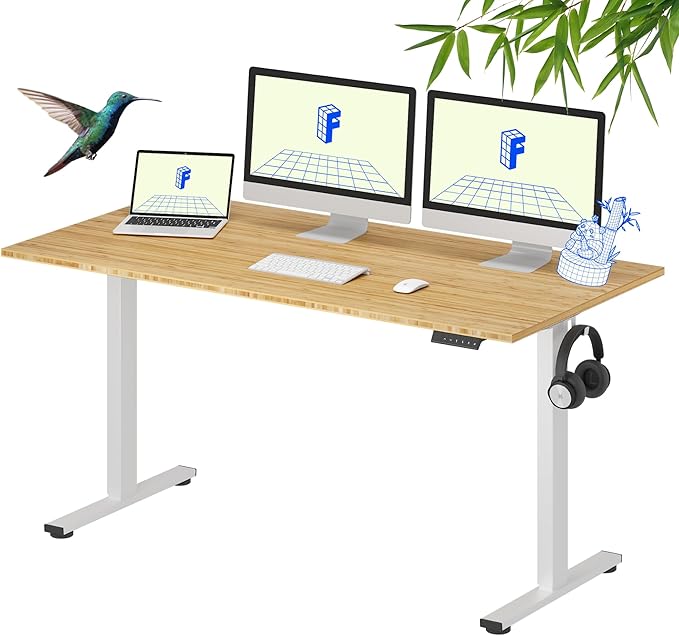 FLEXISPOT EN1 Bamboo Standing Desk, 60 x 30 Inches Whole-Piece Electric Adjustable Height Desk for Home Office (White Frame + Bamboo Top, 2 Packages)