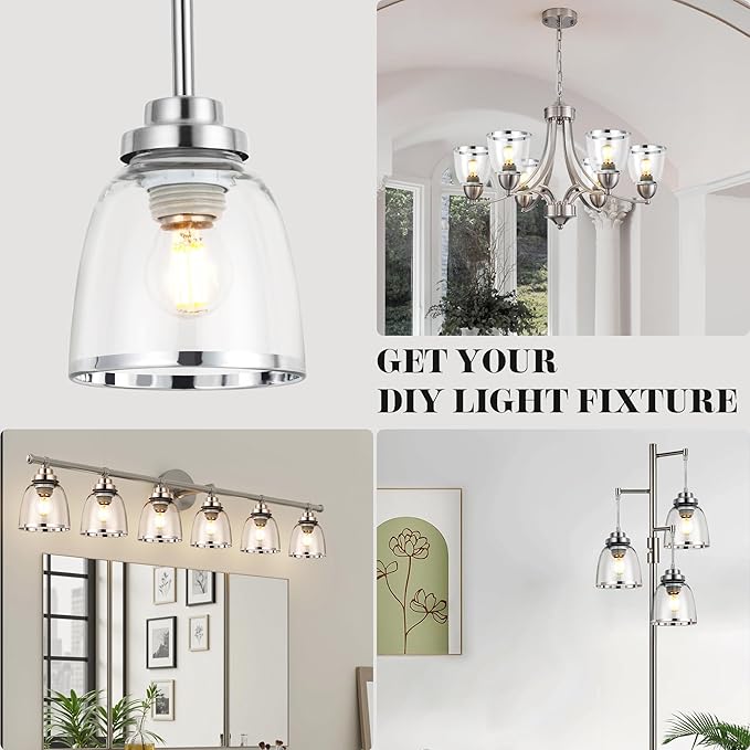 Eidonta 4 Pack Clear Glass Shade Replacements, Bell Shaped Glass Shade Covers with Silver Ring, 4.92"High, 4.72"Diameter, 1.65 "Fitter, High Transmittance Globe Lampshade