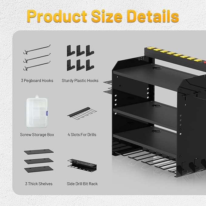 CFMASTER 4-Layer Wall-Mounted Power Tool Organizer Rack,Heavy Duty Adjustable Shelves Organizer for Cordless Power Tool Batteries,Space-Saving Garage & Workshop Charging Station 8 Outlets Power Strip