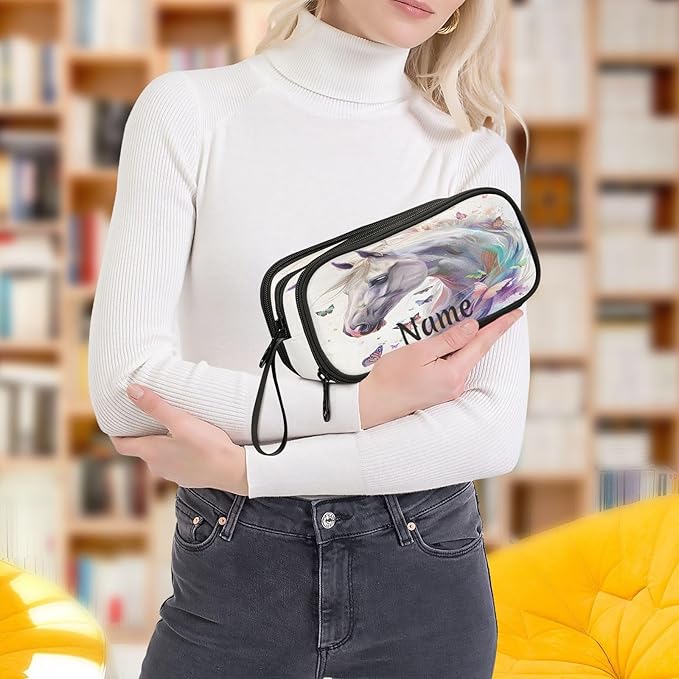 BOENLE Custom White Horse Butterflies Pencil Case Box Boys Girls Personalized Name Large Pencil Pouch Stationery Pen Bag Organizer for Kids Adults School Office
