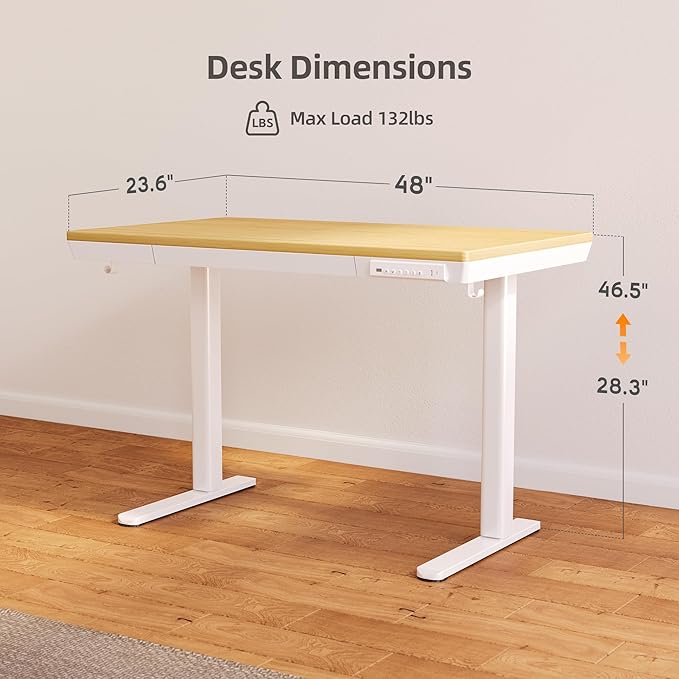 Claiks Bamboo Standing Desk with Drawers, 48×24 Inch Adjustable Stand Up Desks, Quick Install Computer Desk with USB and TapeC Ports, Bamboo