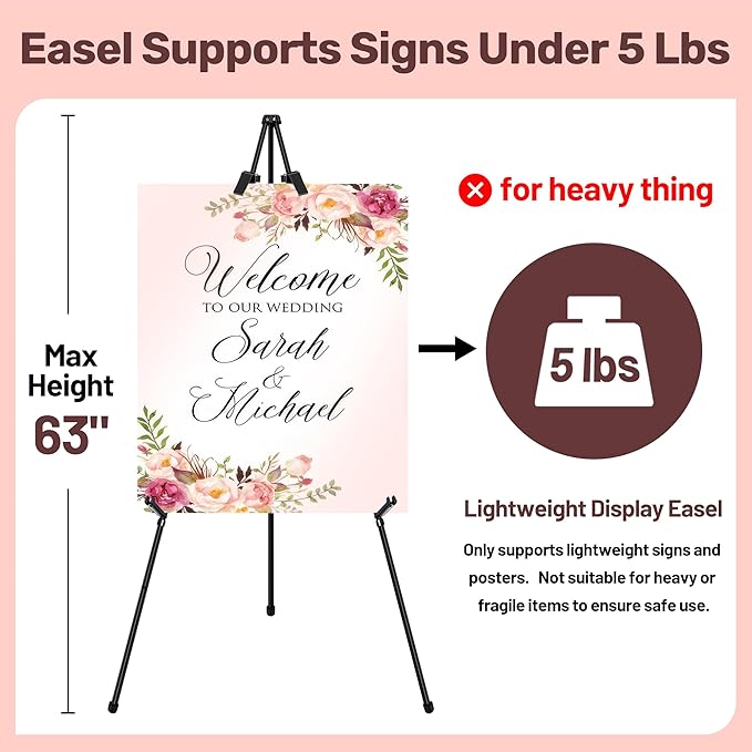 VAIIGO 2Pack Black Easel Stand for Sign & Poster - 63" Adjustable Metal Display Easels for Wedding Welcome Signs, Painting, Canvas, Art & Picture - Portable Folding Tripod with Carry Bag, Holds 5 Lbs