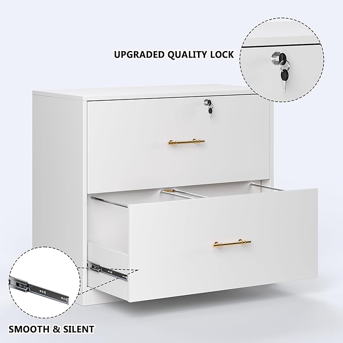 GFGWXW 2 Drawer Lateral File Cabinet with Lock, Suitable for Letter/A4/F4/Legal Size Hanging Files,Large Wood Filing Storage Cabinets Printer Stand for Home Office,White