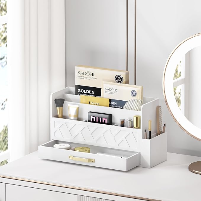 Wisuce Home Wooden Desk Organizer,Desktop Organizer File Sorter for Office Supplies, Mail Organizer with Drawer,Desk Accessories & Workspace Organizers for Women （White）
