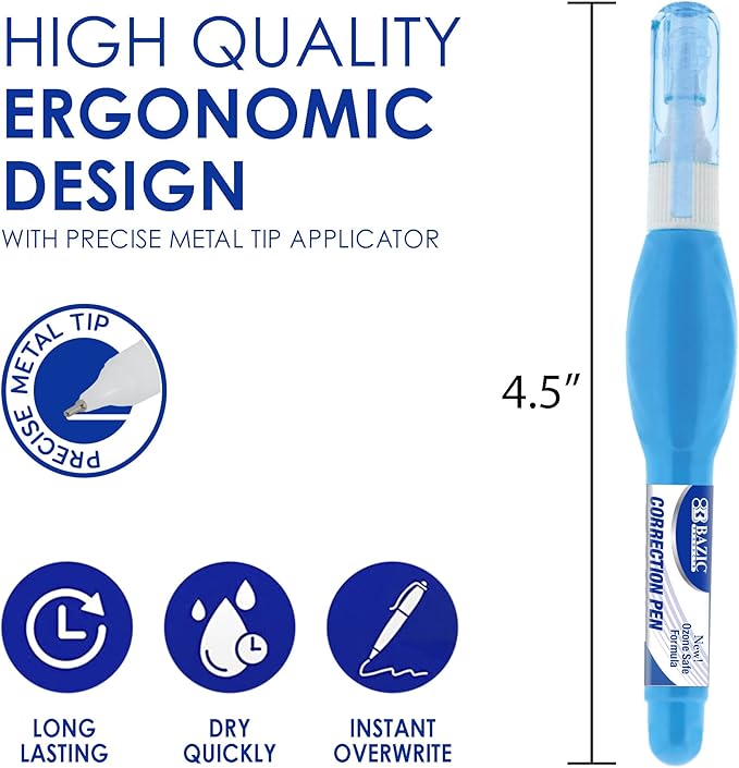 BAZIC Products Mini Correction Pen - Corrections Fluid, Precise Metal Tip White Out, Ideal for School & Office Supplies, Alternative to Correction Solution, 3/Pack, 2-Packs