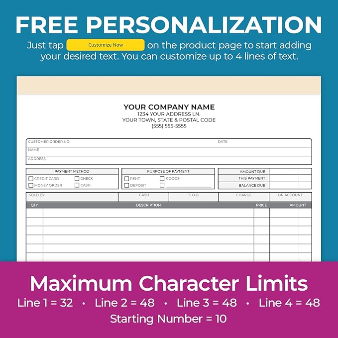Custom 8.5" x 11" Carbonless NCR Books in 2-Part Duplicate Invoices, Receipts, Work Orders, Sales Orders, Purchase Orders, Estimates, Quote Forms with Your Company/Business Name (100 Sets)