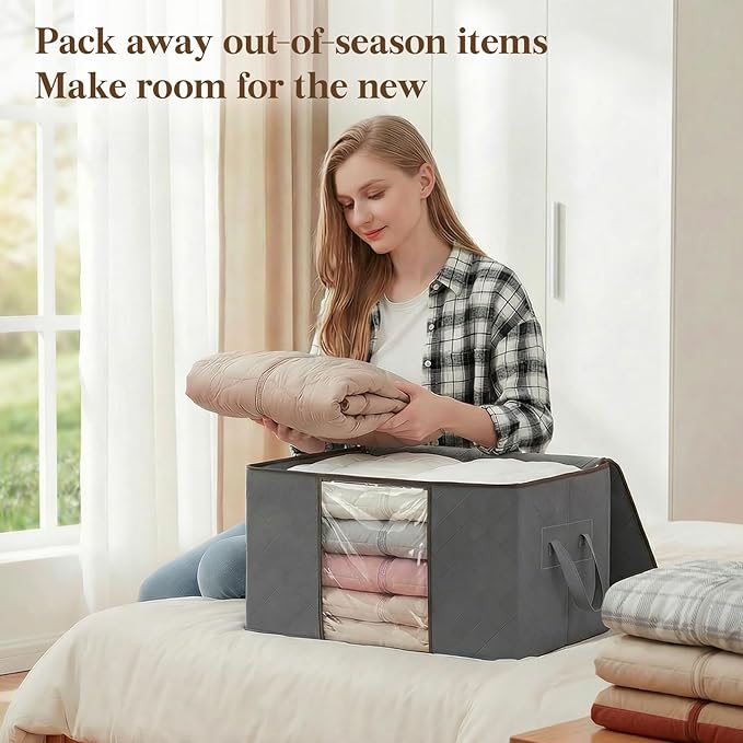 Lifewit 6 Pack Clothes Storage Bins with Lids, Foldable Blanket Storage Bags with Zippers, Clear Window and Reinforced Handles, Closet and Organization for Clothing, Sweater, Comforter, Bedding, Gray