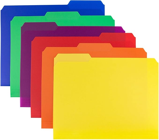 Dunwell Plastic Colored File Folders (24 Pack), Colorful 1/3 Tab Filing Folders for Letter Size Documents, Manila Sleeves 8.5 x 11, Acid-Free Poly for Long Term Storage, Includes Labels