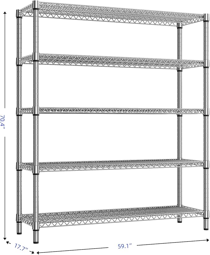 M MZG 2200 Lbs 5 Tier Storage Rack Metal Wire Shelving Unit, Storage Standing Shelf Organizer for Laundry Bathroom Kitchen Pantry Closet Garage, Chrome 17.7" D x 59.1" W x 70.4" H