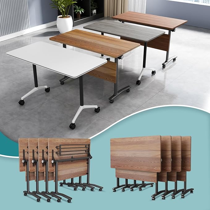 Conference Table Flip Top Mobile Conference Room Tables,Folding Conference Table with Wheels,Large Meeting Training Seminar Table Saving Space for Office Classroom(8B,55.1'')