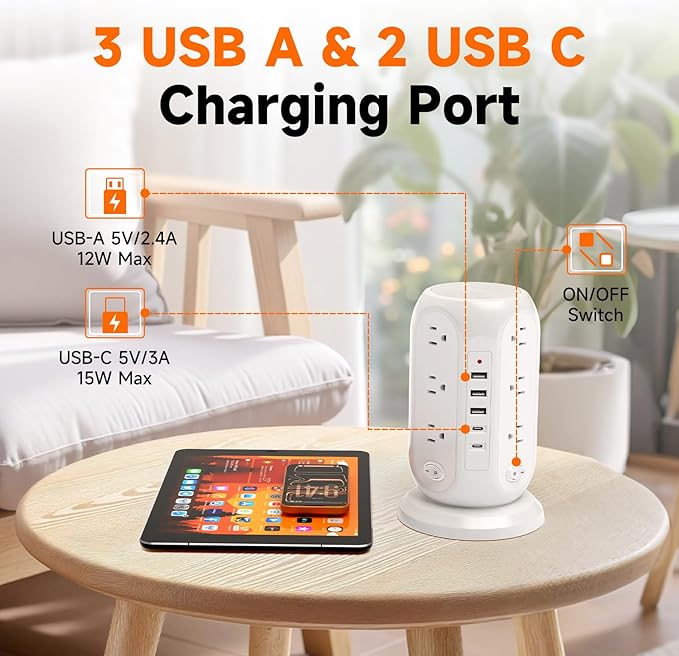 Tower Power Strip with 12 Outlets and 5 USB Ports (2 USB-C), Flat Extension Cord 10 Ft, Surge Protection 1250W Multiple Outlets Charging Station for Home Office Dorm Room