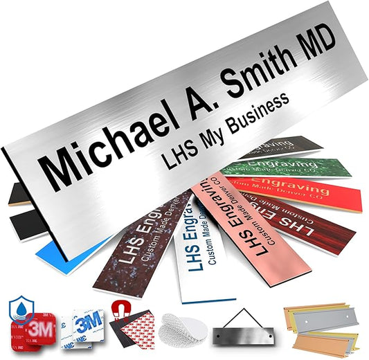 Door Name Plate Personalized for Office Brushed Steel Plastic Name Plate Black Letters - Made in USA 2x10 M1