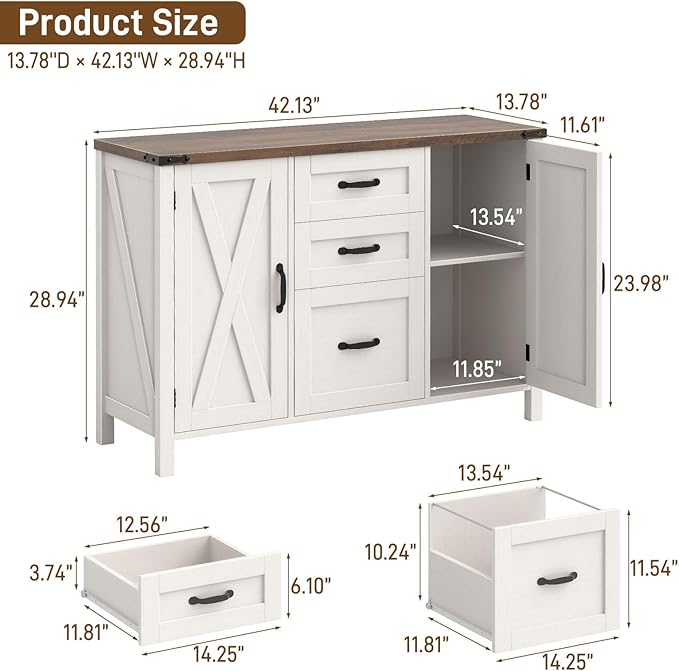 Vabches File Cabinet with 3 Drawers, Farmhouse Lateral File Cabinet Fits Files Letter/A4 Size, Wooden Filing Cabinet with Door and Adjustable Shelves Printer Stand for Home Office, Rustic White
