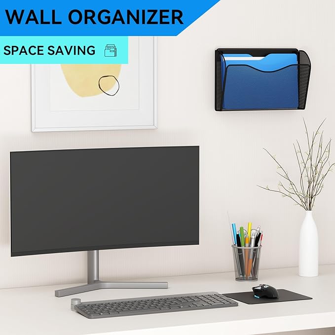 GDINDINFAN 3 Single Pocket Wall File Holder, Mesh Hanging File Folder Paper Organizer, Vertical Wall Mounted Mail Basket, Storage Organization Magazine Rack for Office, Home and School, Black