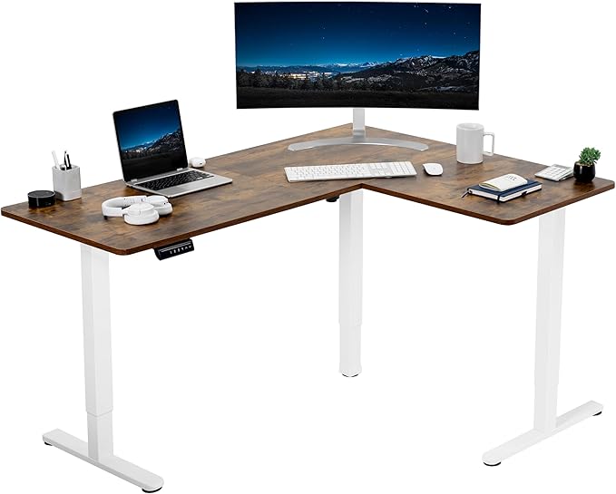 VIVO Electric Corner 63 x 47 inch L-Shaped Standing Desk, Memory Height Adjustment, Rustic Vintage Brown Top White Frame, DESK-E3CTWN-47