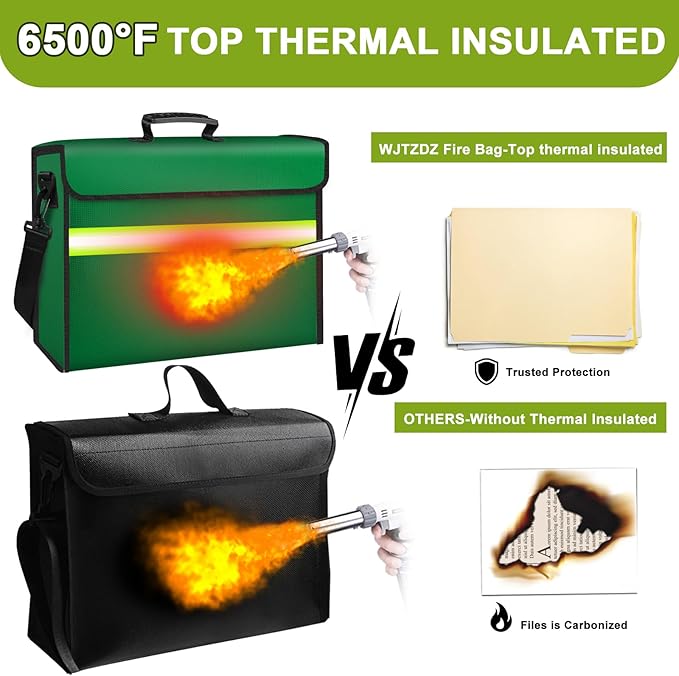 6500°F Fireproof Document Bag with Lock-Fireproof Box with 10 Layers Insulation Materials&Waterproof Zipper,Removable Wallet,Reflective Strip for Cash,Documents,Jewelry(14.2”x 9.6”x 4.1”)