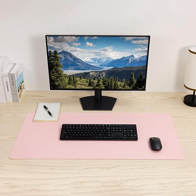 Wolaile PU Leather Desk Pad Blotter,Light Pink Waterproof Office Desktop Mat for Women,36x17in Non-Slip Large Mouse Pad Writing Protector