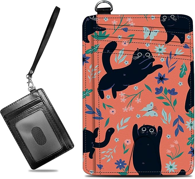 BWEGRHE Small Travel Wallets, Black Cat Flowers Slim Minimalist Front Pocket Wallet with Wristlet, RFID Blocking PU Leather Credit Card Holder with ID Window Change Purse for Men Women