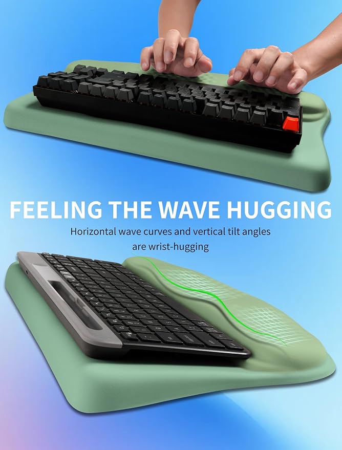 KUOSGM Ergonomic Wave Wrist Rest with Keyboard Stand, Cushioned Palm Rest, Comfortable Integrated Memory Foam for Natural Typing and Relieve Wrist Pain, Minty Olives Green