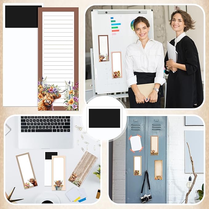 Gersoniel 12 Packs Magnetic Notepads for Refrigerator Monthly Grocery Magnetic List Set to Do List Pads Back Memo Notepad 9 x 3.5 Inches for Fridge Kitchen Shopping Grocery(Brown,Highland Cattle)