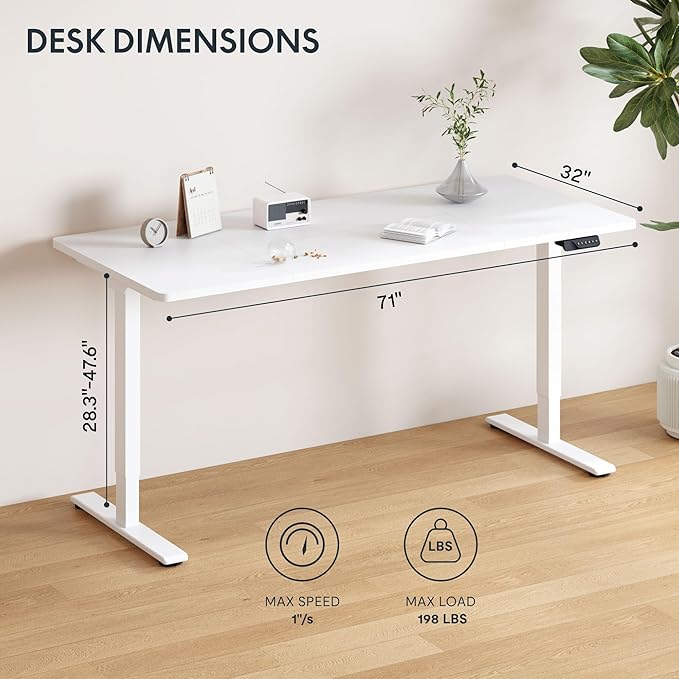 FLEXISPOT 71x32 Inch Large Dual Motor Electric Standing Desk, White - Computer Desk with Memory Controller, Home Office Desk with Splice Board