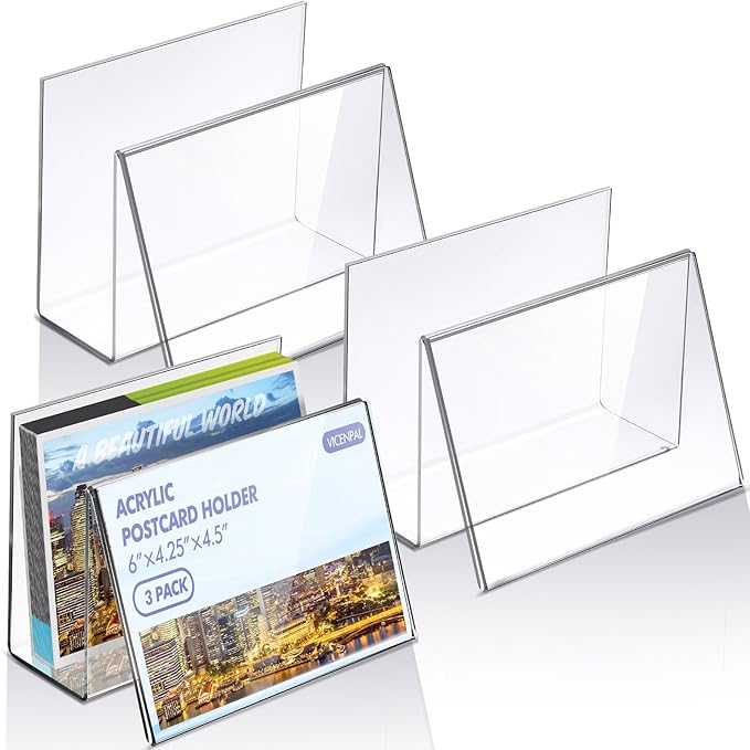 Crtiin 3 Pcs Clear Acrylic Postcard Holder Business Card Holder Greeting Card Display Clear Business Stand Rack for Index Organizer Desk Table Home Office, 6 x 4.25 x 4.5 Inches