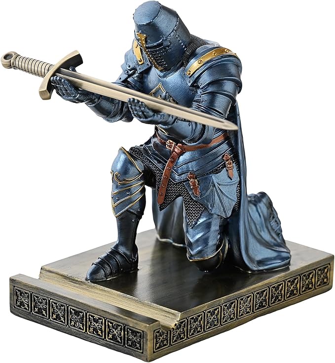 NCQIXIAO Medieval Templar Vanguard Officer Knight Pen Holder Pen Stand Desk Organizers and Accessories Resin Mobile Phone Stand as Gift for Office and Home Desk Organizer (Blue)